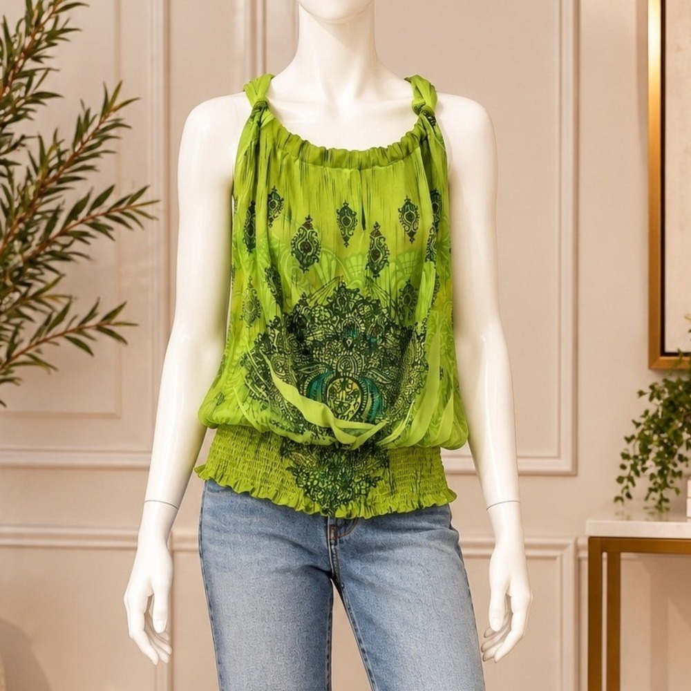 Arden B Womens Halter Top Green Paisley Sheer Smocked Waist Extra Small